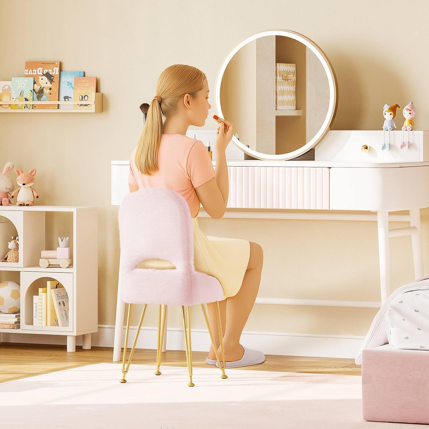 GREENSTELL Small Vanity Stool Chair with Storage and Folding Back, 13.4" x 15" x 30" Square Faux Fur Soft Ottoman, 4 Metal Legs with Anti-Slip Feet, Furry Padded Seat for Makeup, Bedroom, Pink