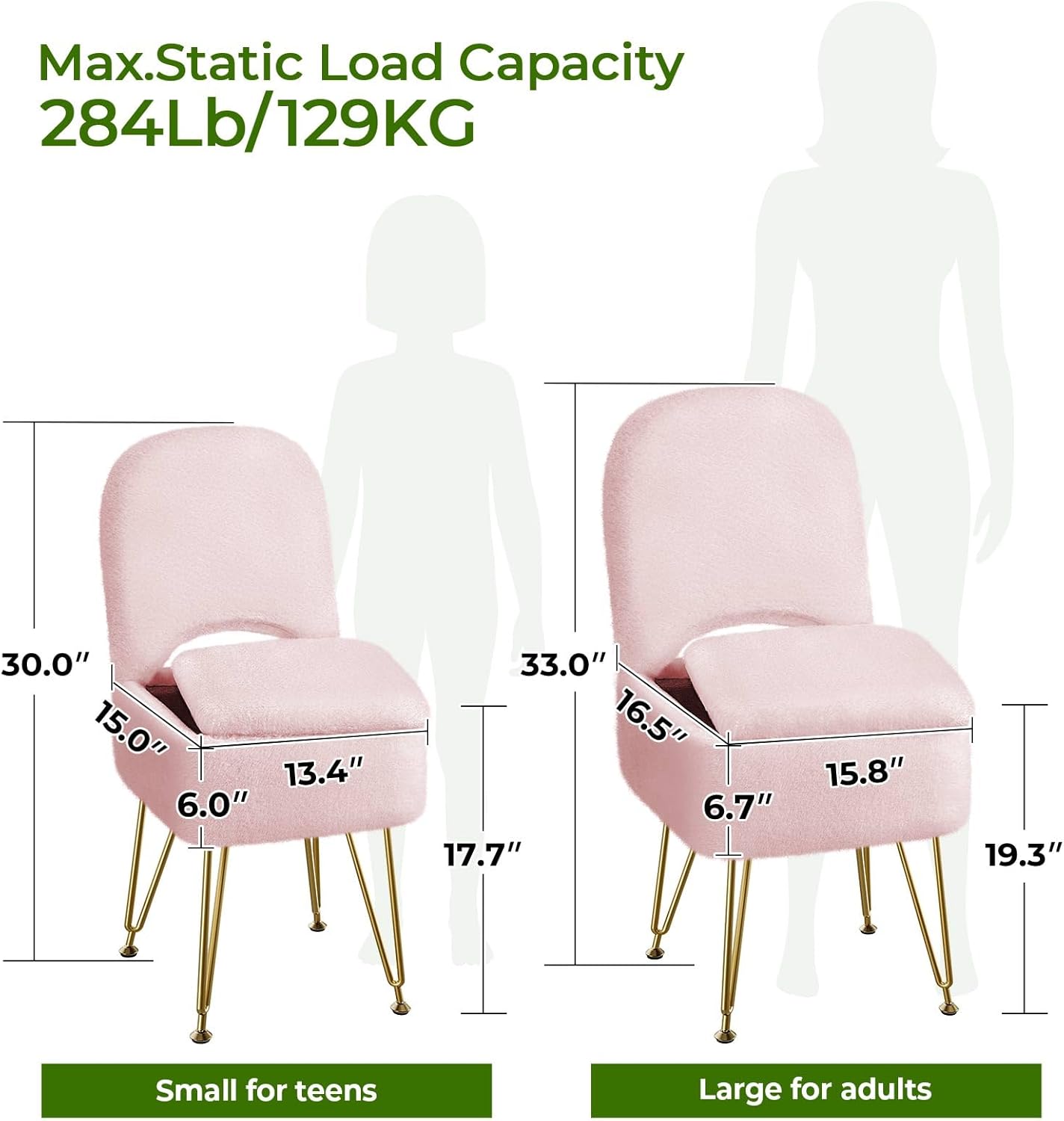 Alternative view of GREENSTELL Small Vanity Stool Chair with Storage and Folding Back, 13.4" x 15" x 30" Square Faux Fur Soft Ottoman, 4 Metal Legs with Anti-Slip Feet, Furry Padded Seat for Makeup, Bedroom, Pink