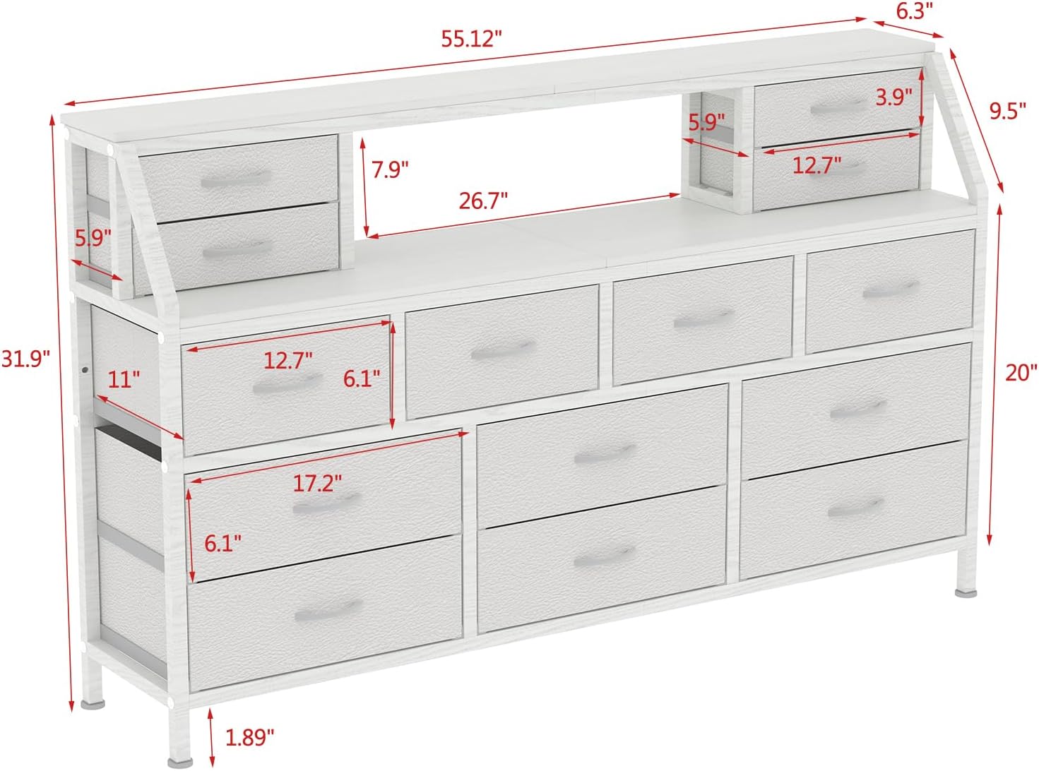 DrawXynth Dresser for Bedroom, 55" TV Stand with 14 Drawers, Long Dresser & Chests of Drawers with Shelves & Sturdy Metal Frame & Wood Top (White)