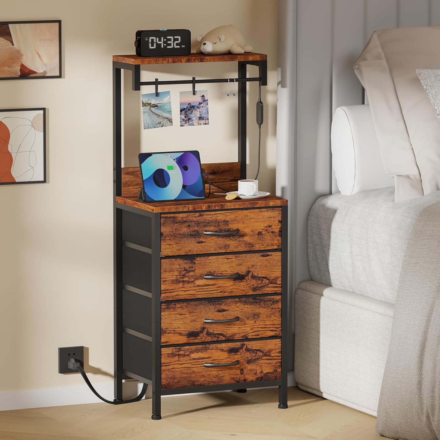Furnulem Night Stand with Charger Station, 38'' Tall Nightstand with 4 Fabric Drawers and LED Lights, Bedside Table with Storage Shelf for Bedroom, Office, Metal Frame, Wood Shelves, Rustic Brown | 4 Fabric Drawers, LED Lights, Storage Shelf, for Bedroom, Office