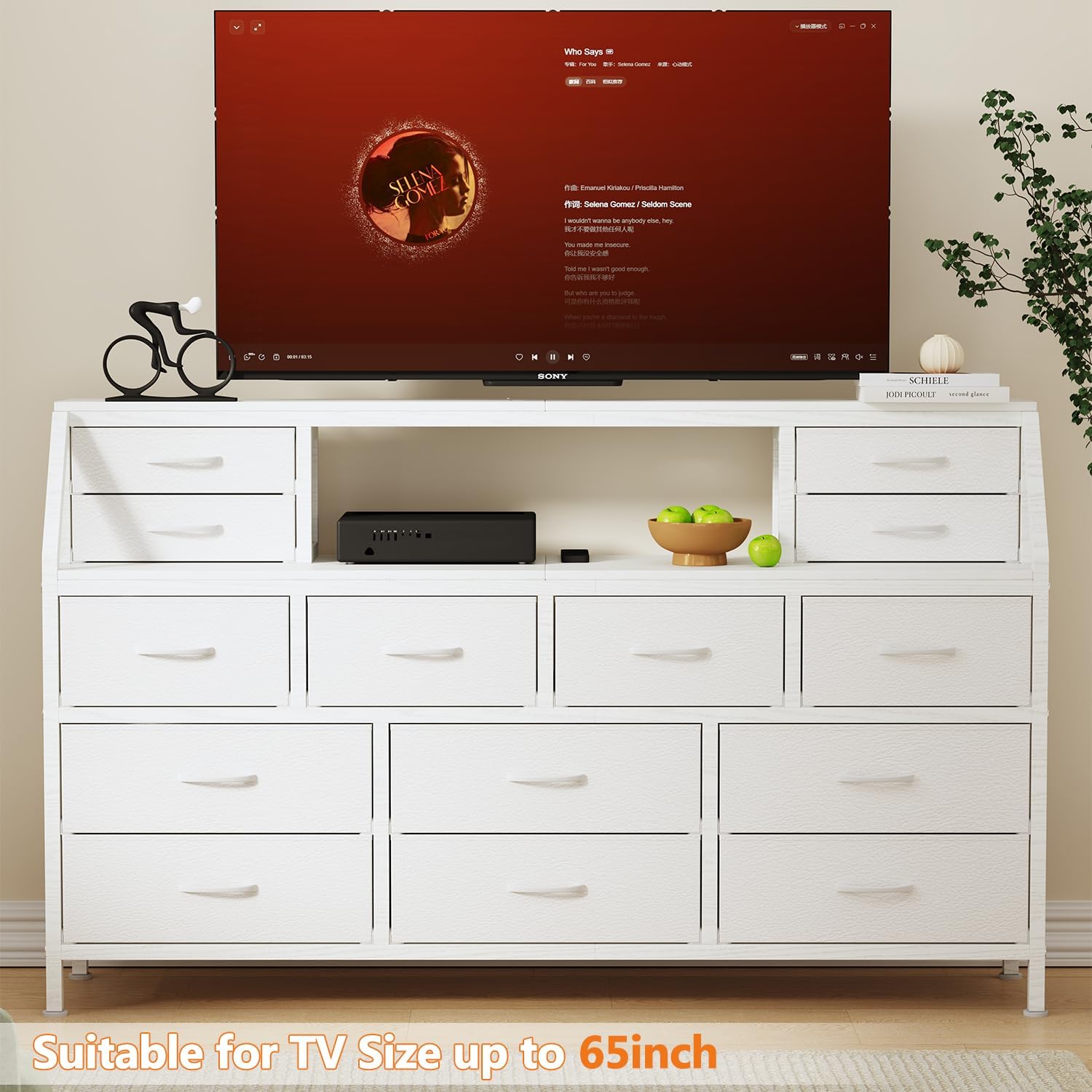 Alternative view of DrawXynth Dresser for Bedroom, 55" TV Stand with 14 Drawers, Long Dresser & Chests of Drawers with Shelves & Sturdy Metal Frame & Wood Top (White)