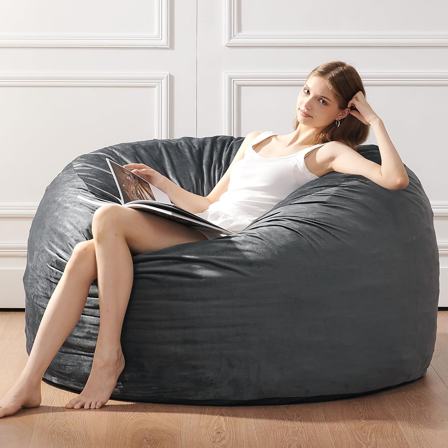 ILPEOD 3 Feet Bean Bag Chair - BeanBag Chairs for Adults, Living Room Furniture Sofa with Soft Micro Fiber Cover, Round Fluffy Couch for Bedroom College Dorm - Grey