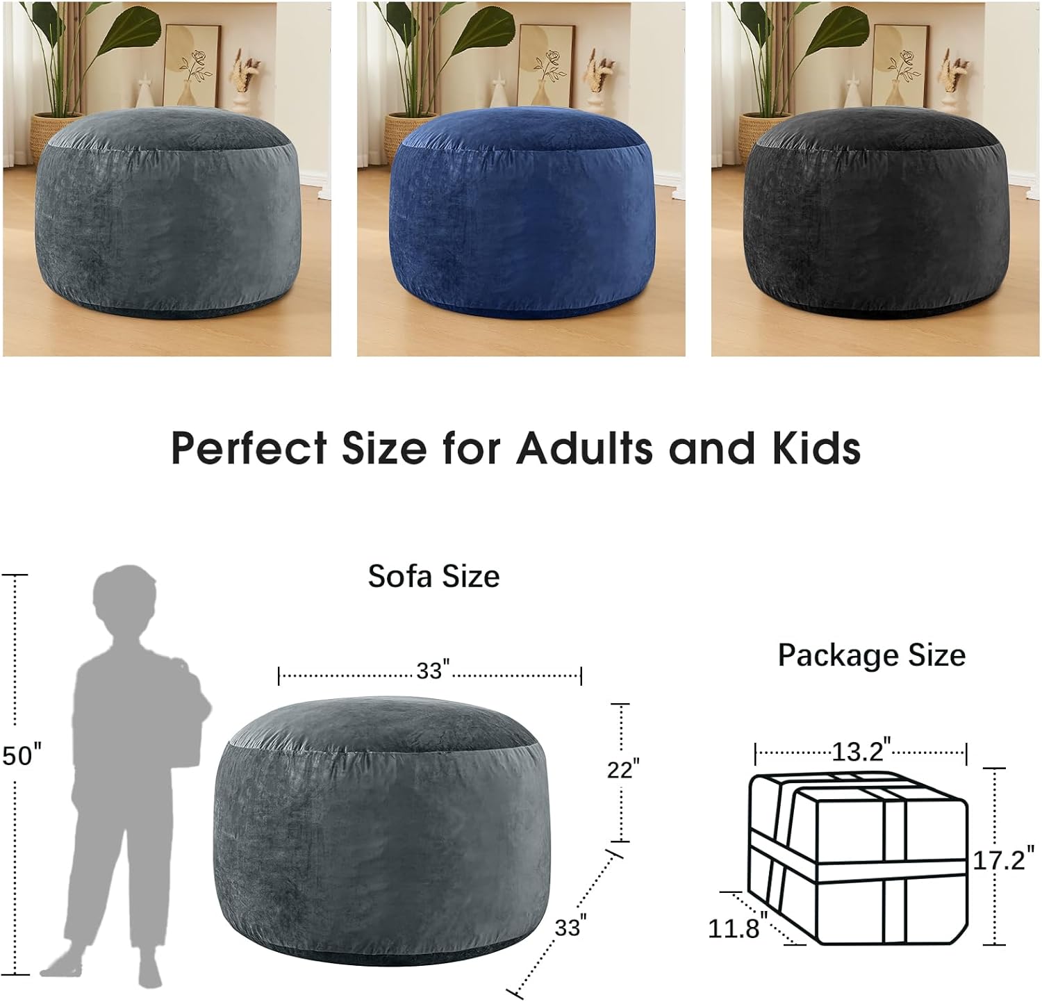 Alternative view of ILPEOD 3 Feet Bean Bag Chair - BeanBag Chairs for Adults, Living Room Furniture Sofa with Soft Micro Fiber Cover, Round Fluffy Couch for Bedroom College Dorm - Grey