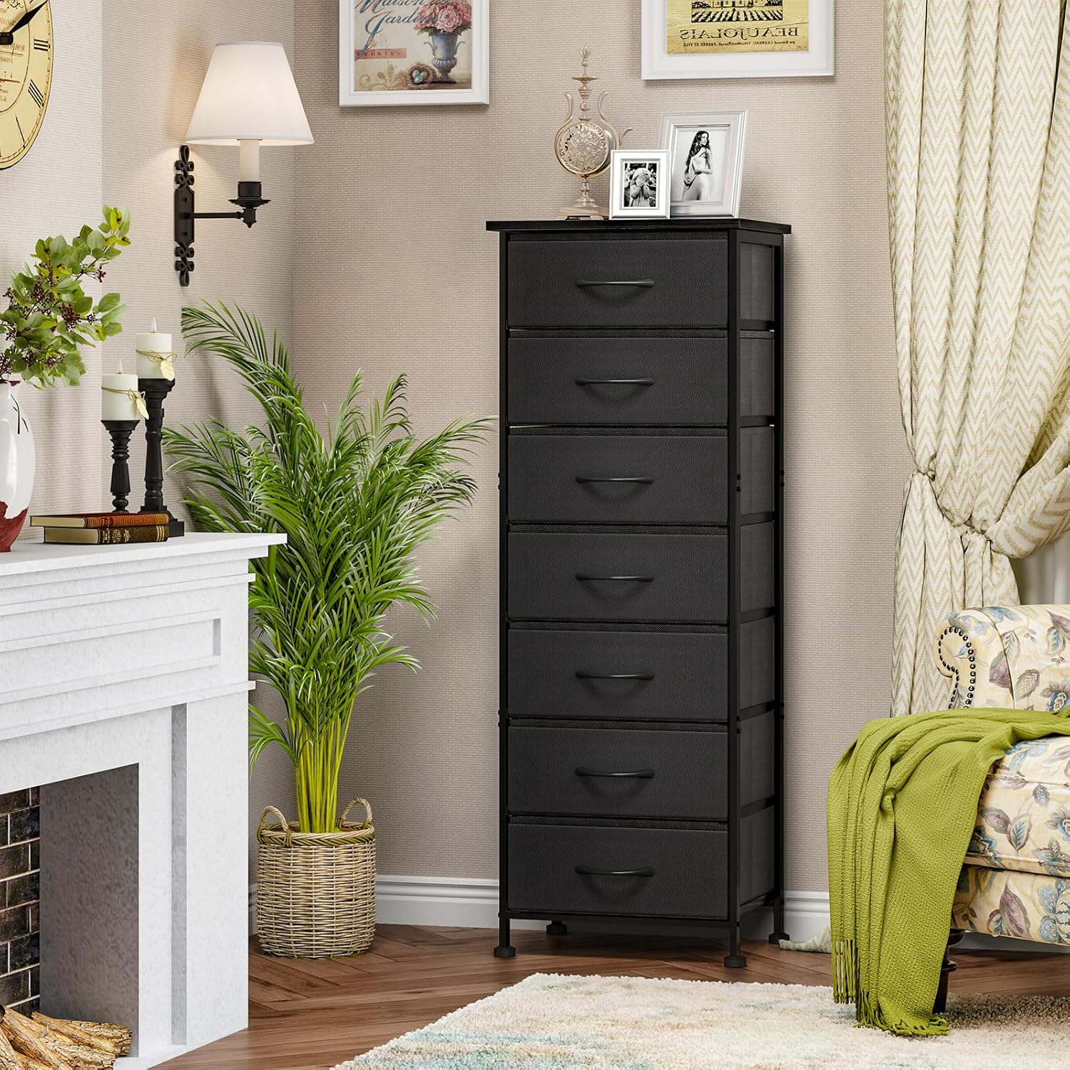 Fixwal Black Tall Skinny Dresser for Bedroom, Narrow Storage Dresser Organizer with 7 Fabric Drawers, Nightstand Furniture in Closet, Entryway, Hallway