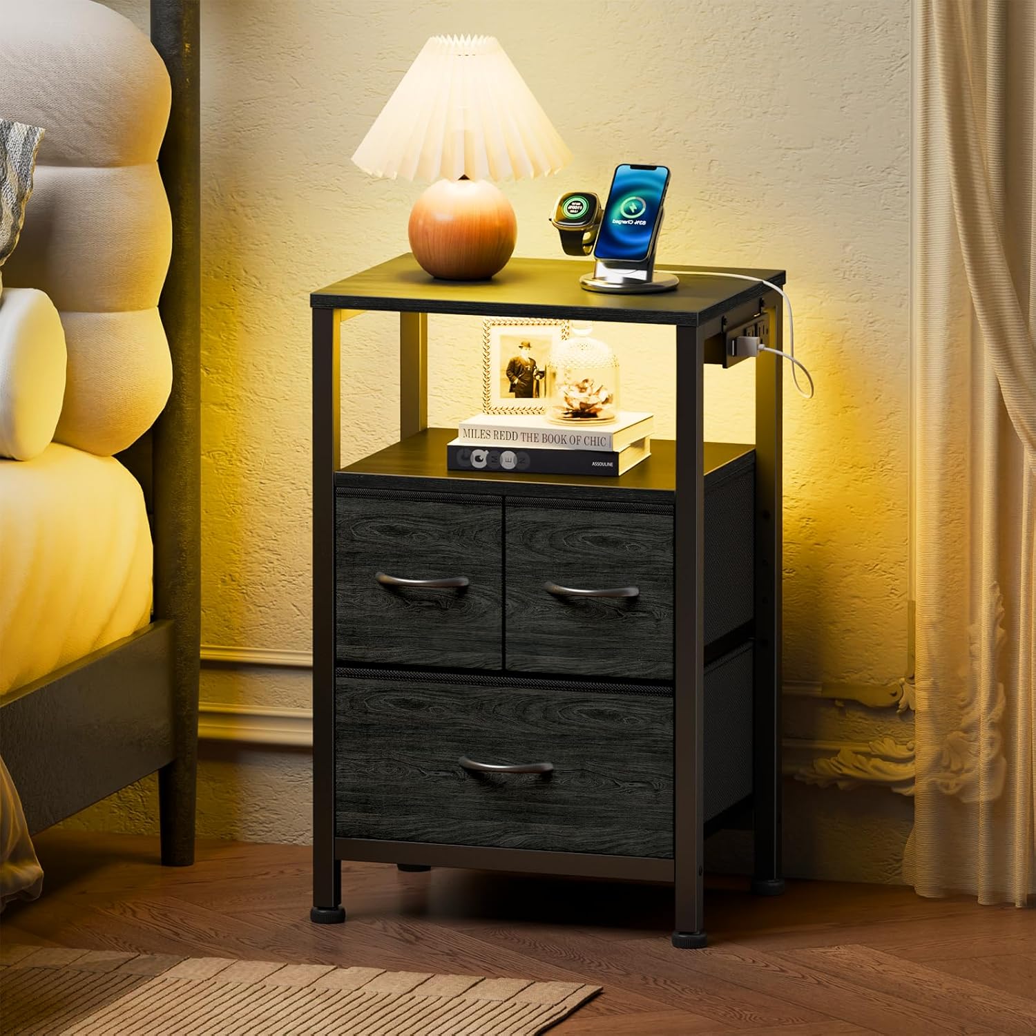Furnulem Black Nightstand with Wood Shelf, Bed Side Table with Led Light and Charging Station, 25.8 Inch End Table with 3 Fabric Storage Drawers, Small Night Stand for Bedroom Furniture