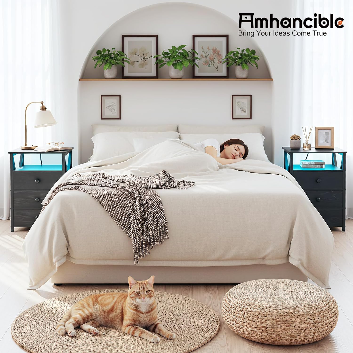 AMHANCIBLE Night Stand Set 2, LED Nightstand with Charging Station, End Side Tables with USB Port & Outlet, Bedside Table with Fabric Drawers for Bedroom Living Room, Black, HET053LBK