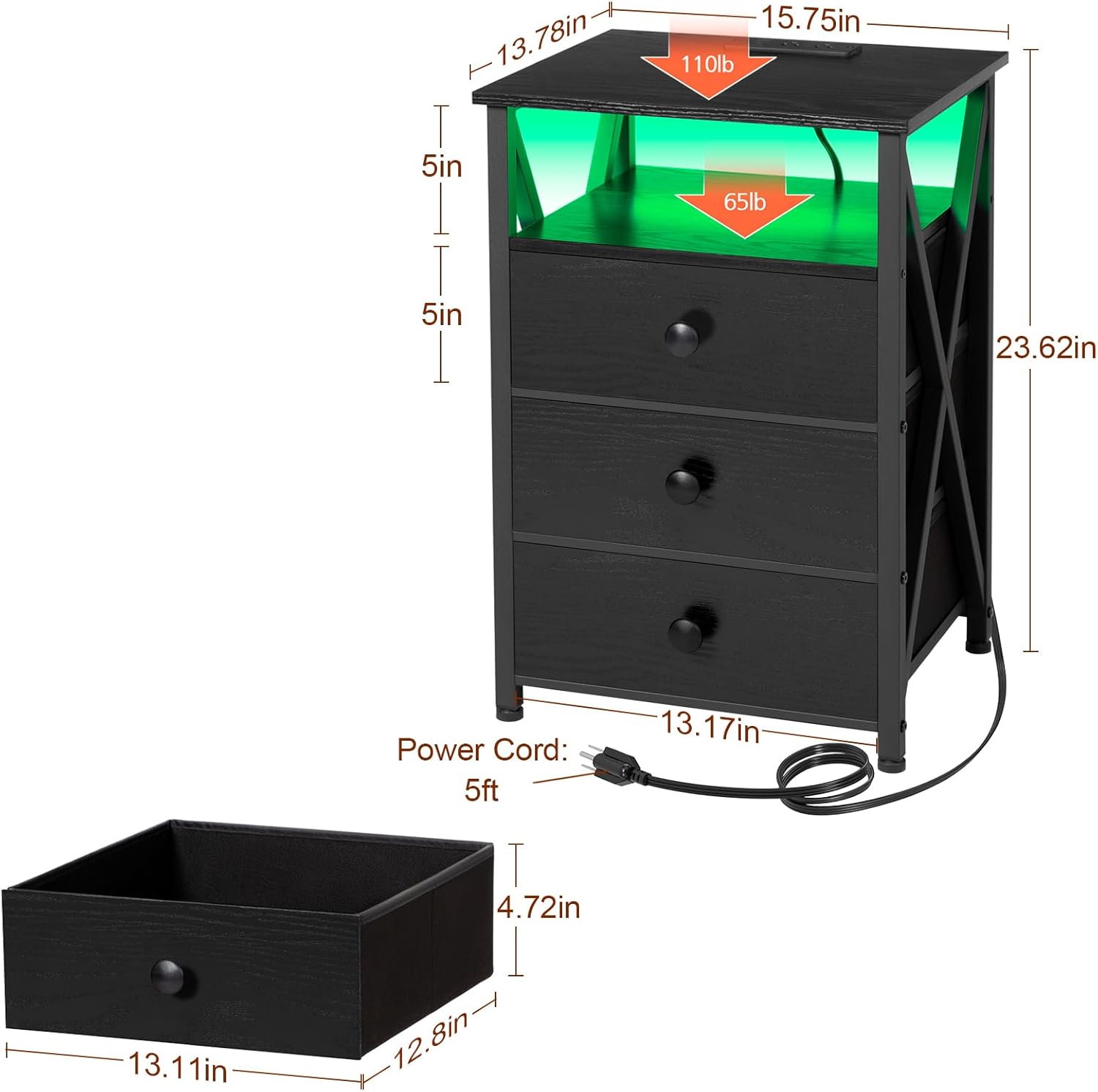 Alternative view of AMHANCIBLE Night Stand Set 2, LED Nightstand with Charging Station, End Side Tables with USB Port & Outlet, Bedside Table with Fabric Drawers for Bedroom Living Room, Black, HET053LBK