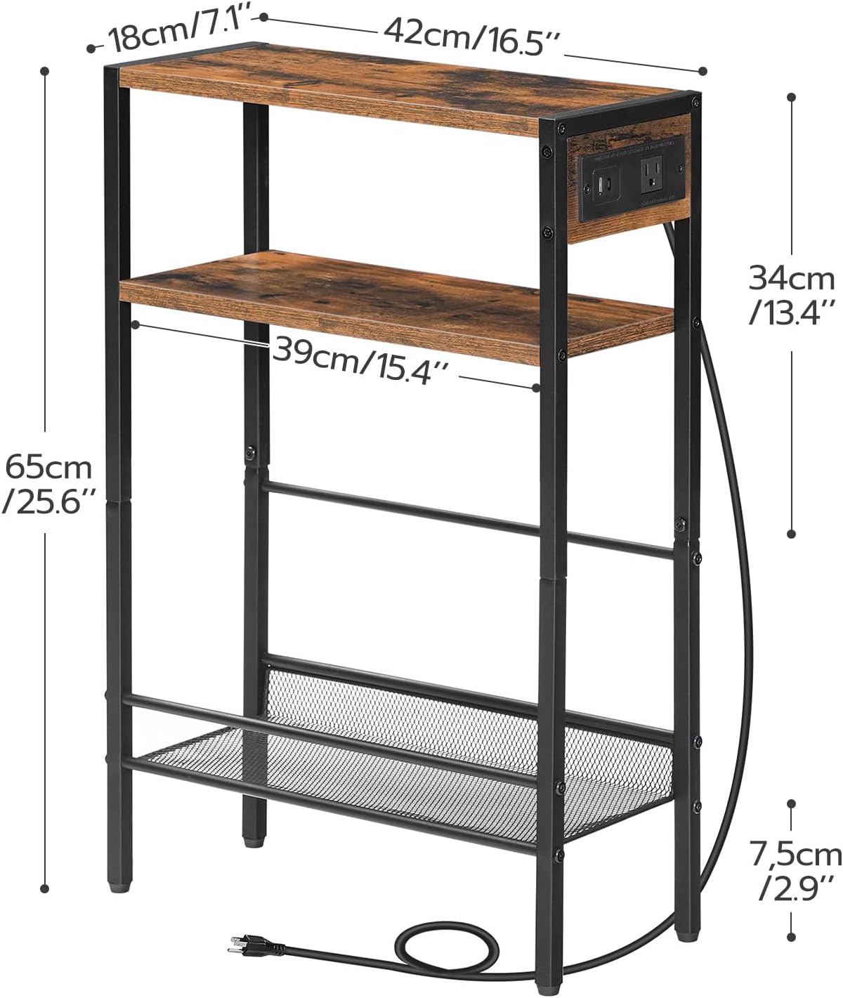 Alternative view of HOOBRO Small Narrow Side Table with Charging Station, Skinny End Table for Small Spaces, Slim Nightstand with USB Ports Outlet, Sofa Beside Table with Storage Shelf, Rustic Brown and Black BF102UBZ01