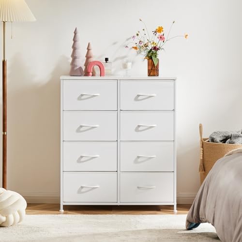 DUMOS Dresser for Bedroom with 8 Fabric Drawers, Tall Chest Organizer Units for Clothing, Closet, Kidsroom, Storage Tower with Cabinet, Metal Frame, Wooden Top, Lightweight Nursery Furniture, White