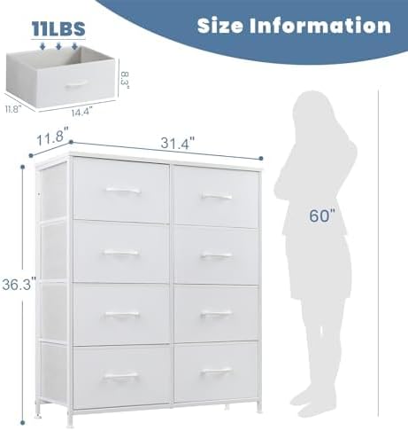 Alternative view of DUMOS Dresser for Bedroom with 8 Fabric Drawers, Tall Chest Organizer Units for Clothing, Closet, Kidsroom, Storage Tower with Cabinet, Metal Frame, Wooden Top, Lightweight Nursery Furniture, White