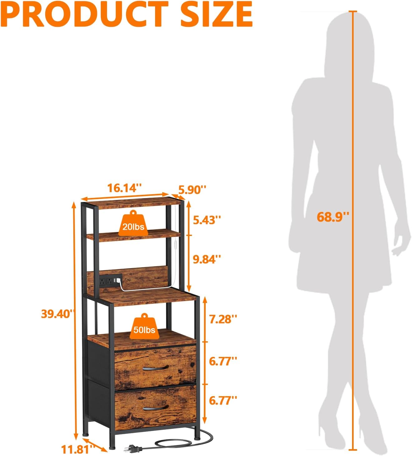 Furnulem Night Stand, Tall Nightstand with 4-Tier Shelves, 2 Fabric Drawers and Light Tube, Bed Side Tables with Charging Station, Bedside Table for Bedroom, Office, Rustic Brown