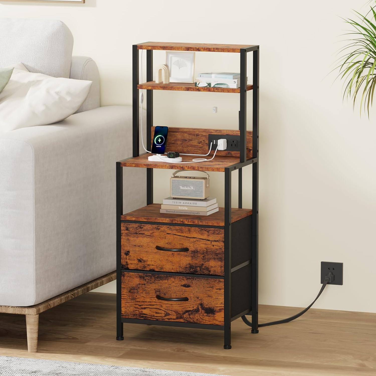 Alternative view of Furnulem Night Stand, Tall Nightstand with 4-Tier Shelves, 2 Fabric Drawers and Light Tube, Bed Side Tables with Charging Station, Bedside Table for Bedroom, Office, Rustic Brown