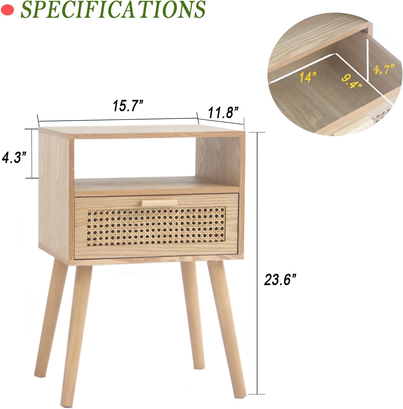 Alternative view of MaxSmeo Modern Nightstand Rattan Side End Table with Storage, for Living Room, Bedroom and Small Spaces, Accent Bedside Farmhouse Tables with Solid Wood Legs, Easy Assembly (Natural Walnut)