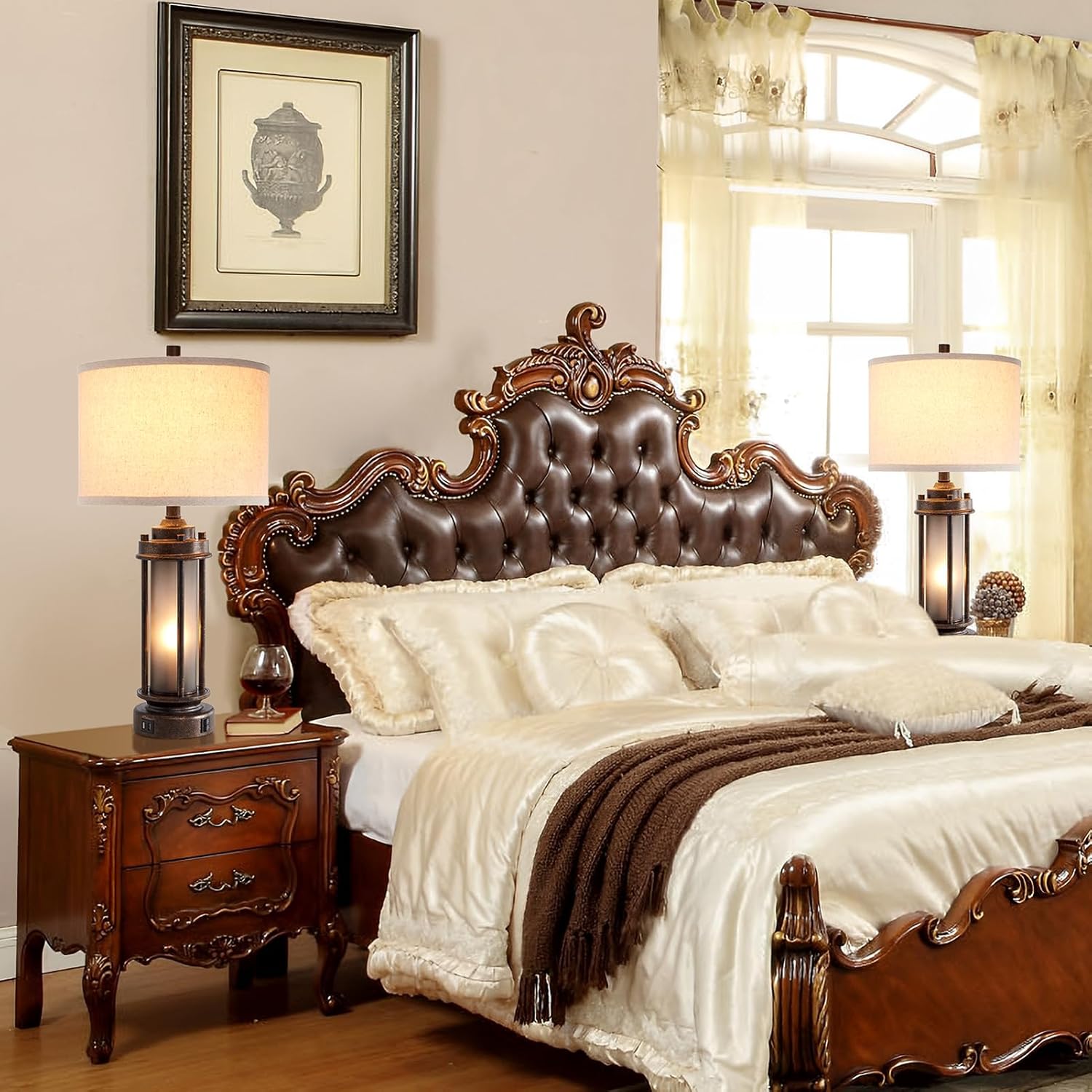 Alternative view of Set of 2 Farmhouse Lamps for Living Room, Rustic Vintage Bedroom Nightstand Table Lamp with 2 USB Charging Ports, Built-In Frosted Glass Night Light for End Table Entryway, 4 Bulbs Included (Bronze)