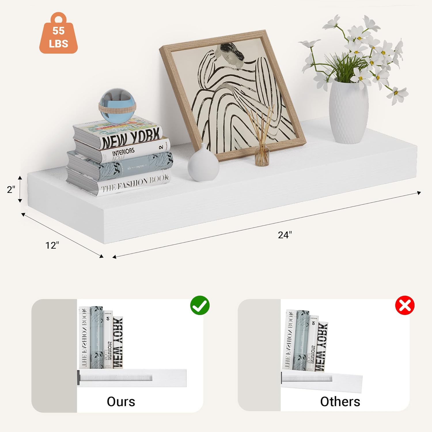 Alternative view of Heimlove 24 x 12 Inch Deep Floating Shelves Wall Mounted with Invisible Brackets,Storage Hanging Shelf for Wall Decor in Bathroom, Bedroom, Toilet, Kitchen, Living Room, Office Set of 1 (White)