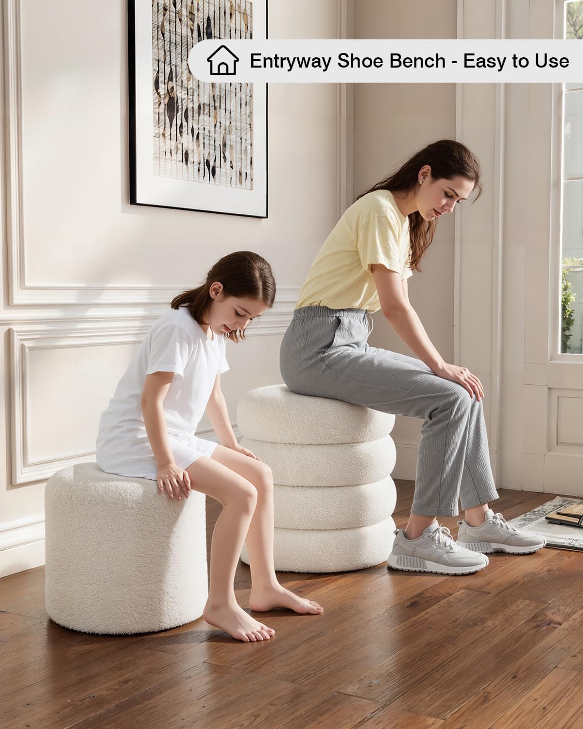 ABHENG Round Set of 2 Sherpa Storage Ottoman Stool Boucle Vanity Stool Footstool with Removeable lid Load up to 440 lbs for Livingroom Bedroom White UASND68W