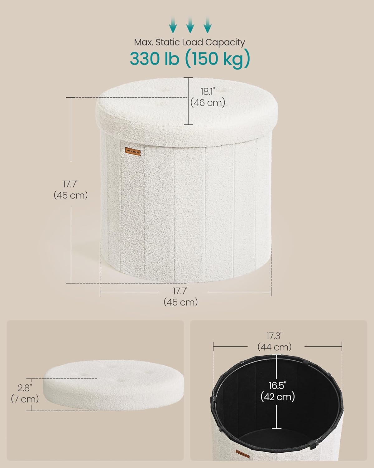 SONGMICS Mazie Collection - Round Storage Ottoman, Folding Footrest Stool with Removable Lid, Easy Assembly, Teddy Fleece Vanity Stool for Bedroom, Living Room, Entryway, Cream White ULSF606W01