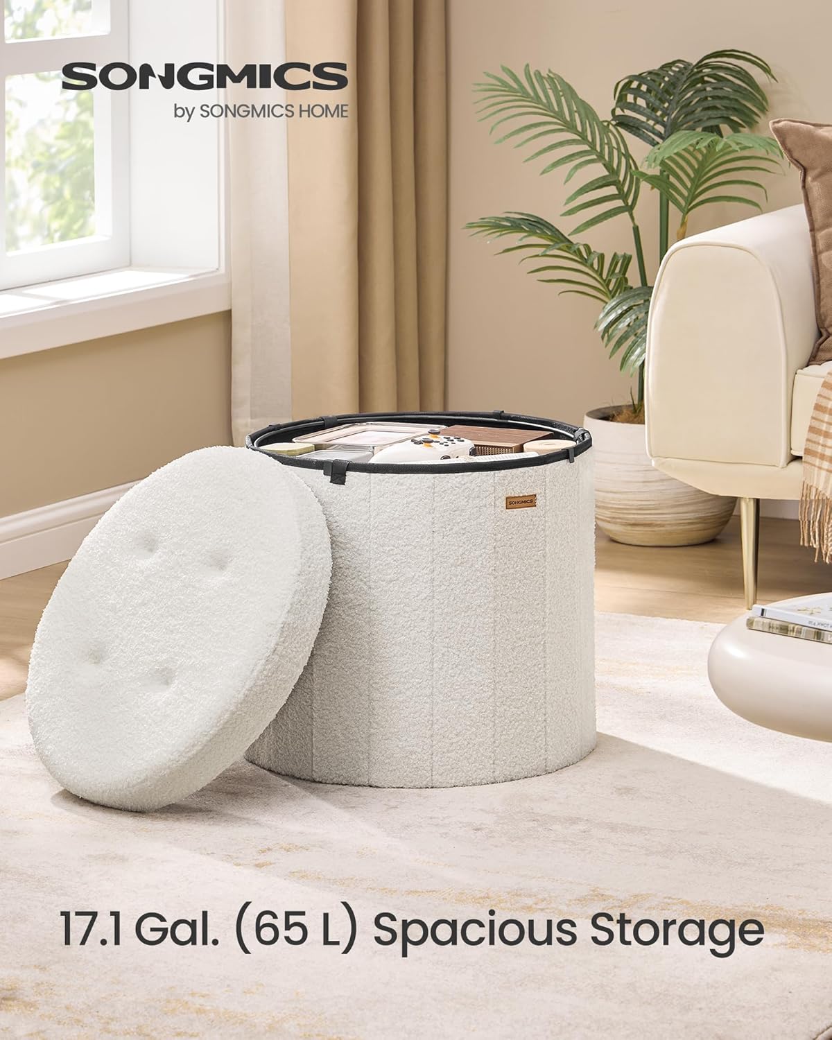 Alternative view of SONGMICS Mazie Collection - Round Storage Ottoman, Folding Footrest Stool with Removable Lid, Easy Assembly, Teddy Fleece Vanity Stool for Bedroom, Living Room, Entryway, Cream White ULSF606W01