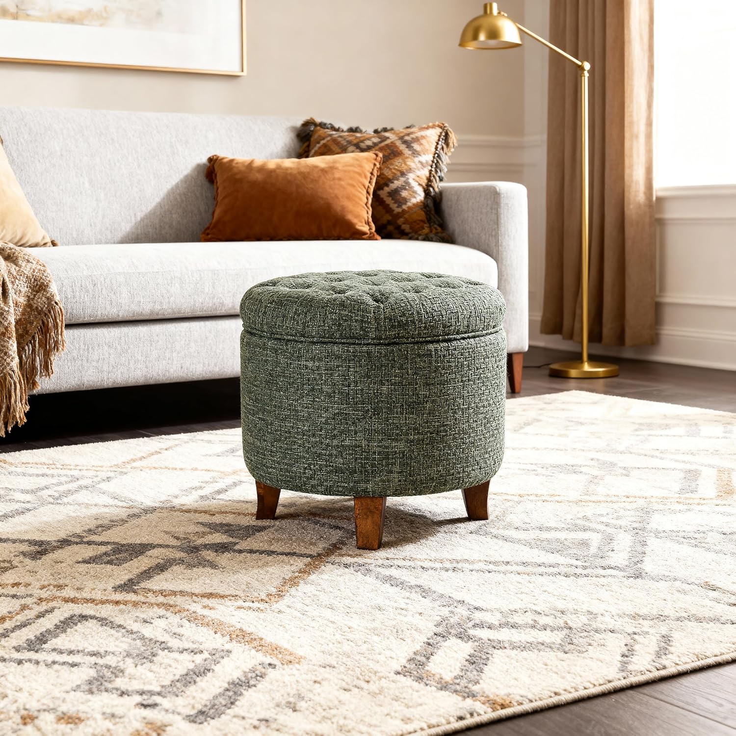 Homepop Home Decor | Upholstered Round Tufted Foot Rest Ottoman | Ottoman with Storage for Living Room & Bedroom | Decorative Home Furniture, Green Clover Fabric