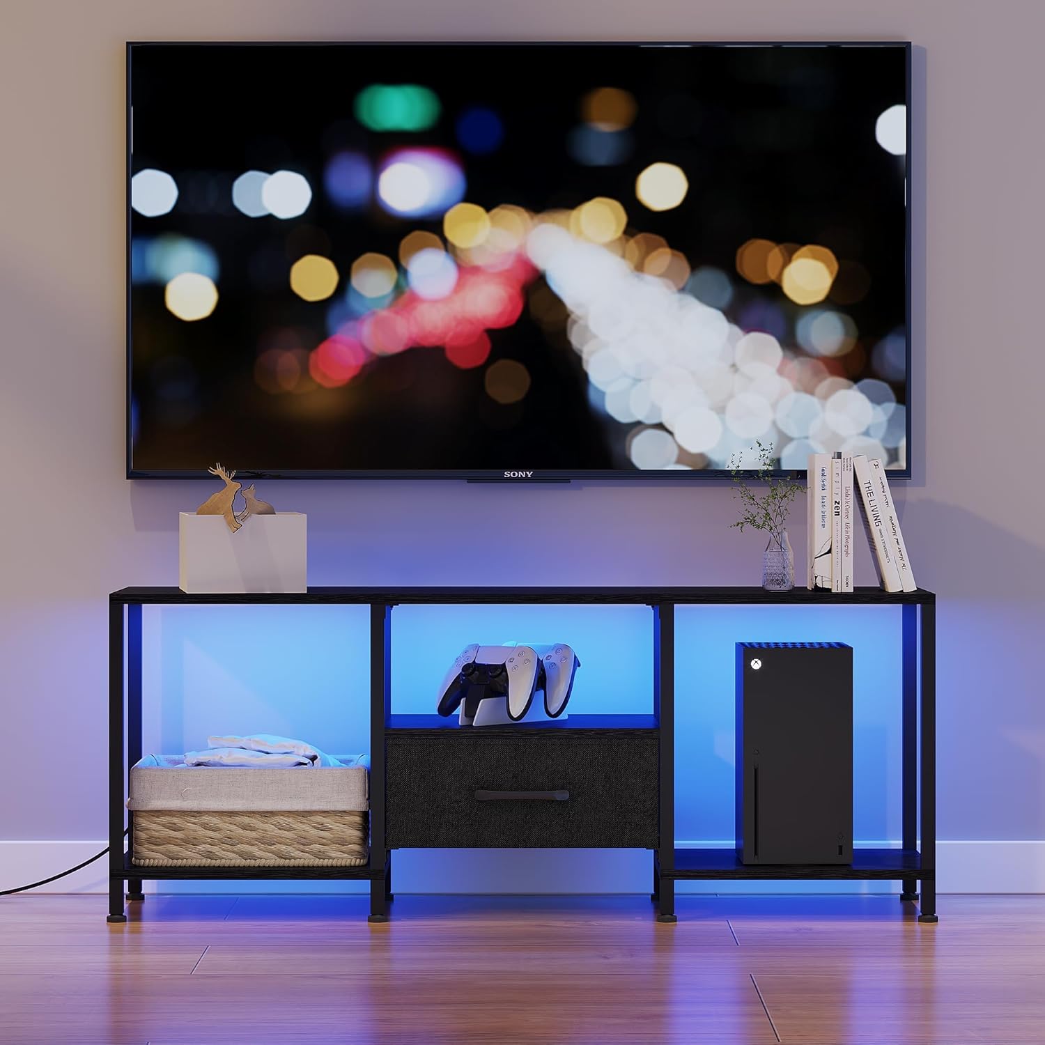 JARHETUN TV Stand with LED Lights, Entertainment Center with Open Shelves and Fabric Drawer, Media Console for 55 Inch TV, Television Stands for Living Room, Bedroom, Black