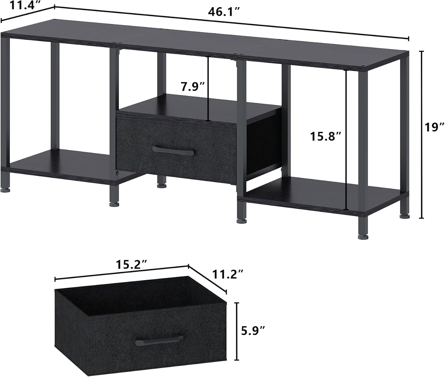 Alternative view of JARHETUN TV Stand with LED Lights, Entertainment Center with Open Shelves and Fabric Drawer, Media Console for 55 Inch TV, Television Stands for Living Room, Bedroom, Black