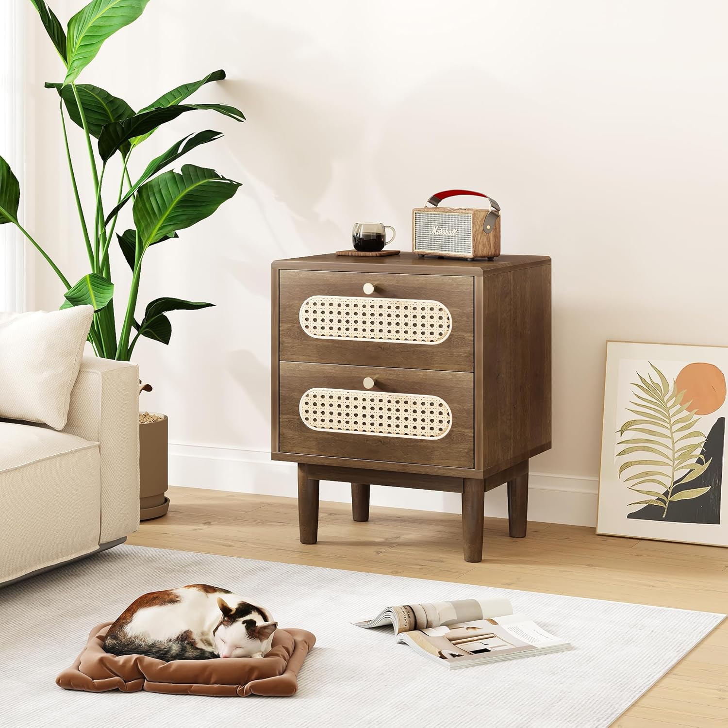 MVPSONAG Rattan Nightstand, Solid Oak Wood Nightstand, Boho End Table with 2 Drawer, Bedside Tables Night Stands for Bedrooms, Side Tables for Home