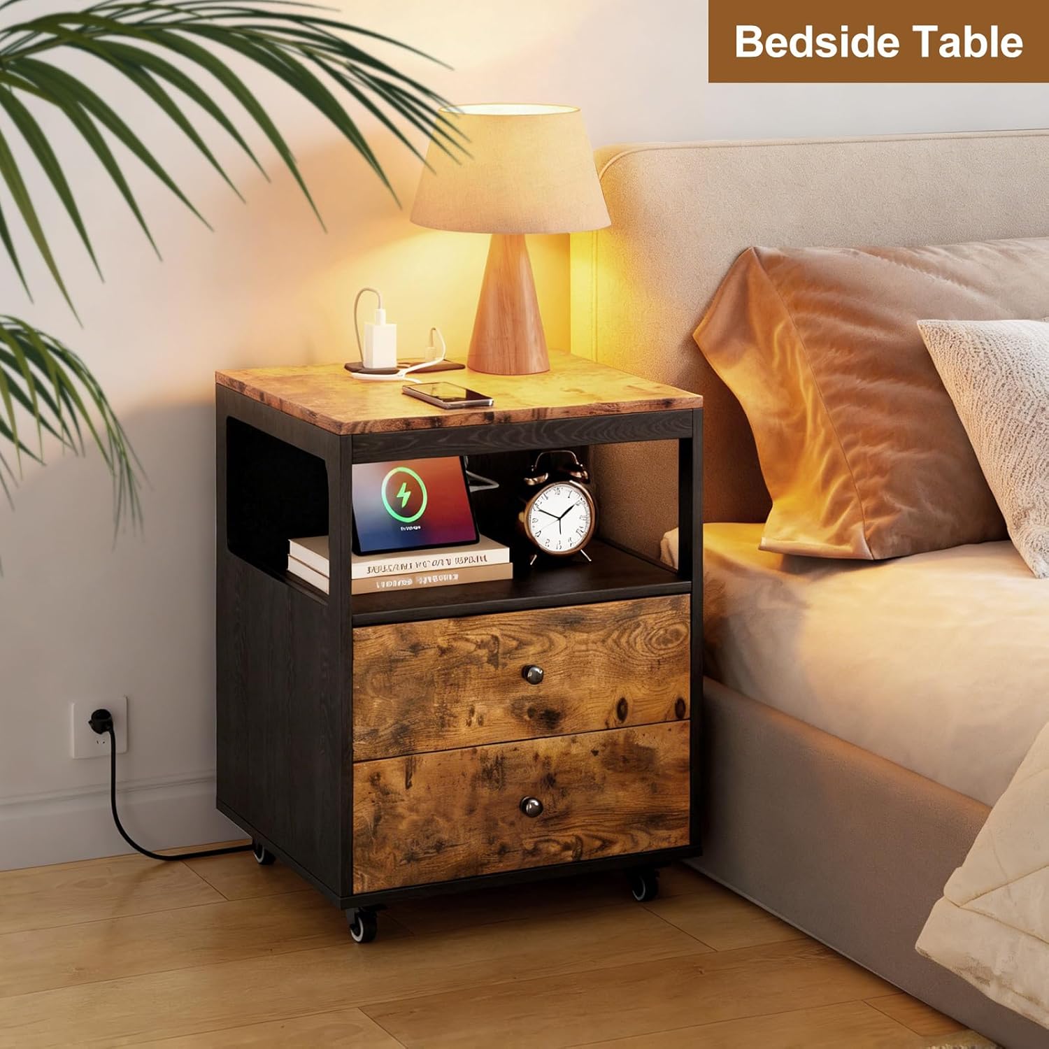 Tbimercftra Bedroom Nightstand with Charging Station, Side Table with 2 Drawers,Sofa End Table Living Room with Wheels for Living Room Bedroom Office(Rustic Brown + Black)
