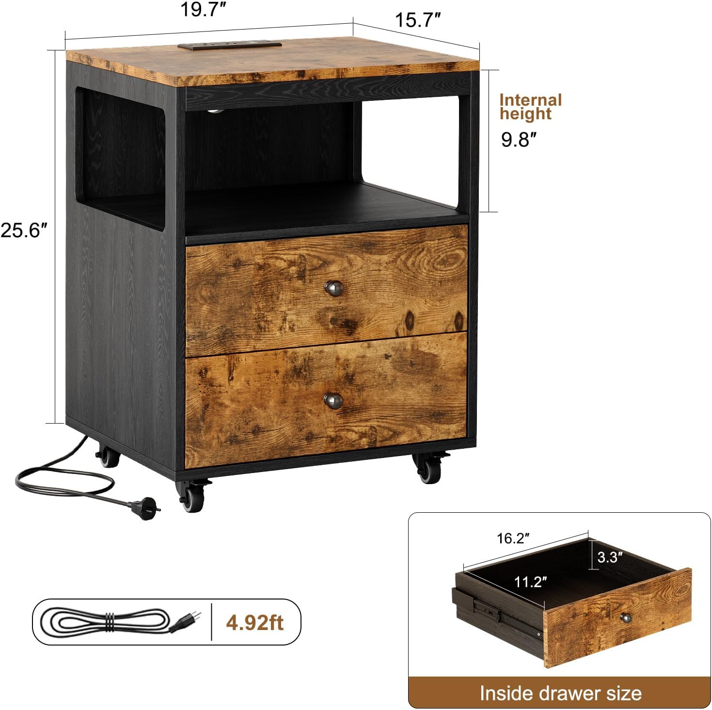 Alternative view of Tbimercftra Bedroom Nightstand with Charging Station, Side Table with 2 Drawers,Sofa End Table Living Room with Wheels for Living Room Bedroom Office(Rustic Brown + Black)