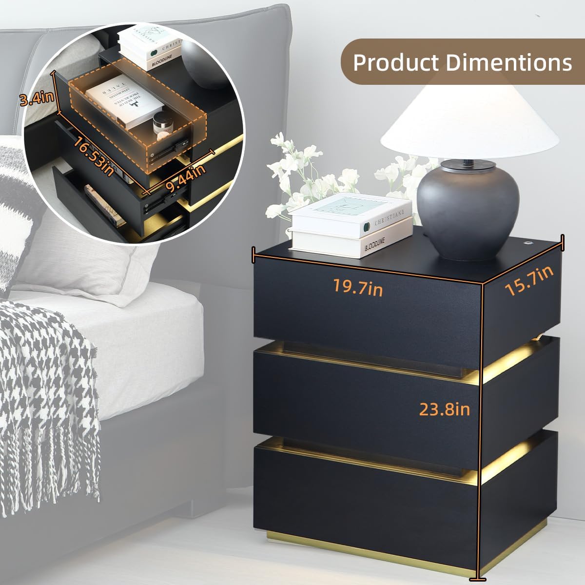 Alternative view of gemonasi Black Nightstand, LED Bedside Table with 3 Storage Drawers, Modern End Table with Charging Ports & Outlets, Bedside Tables for Living Room/Bedroom
