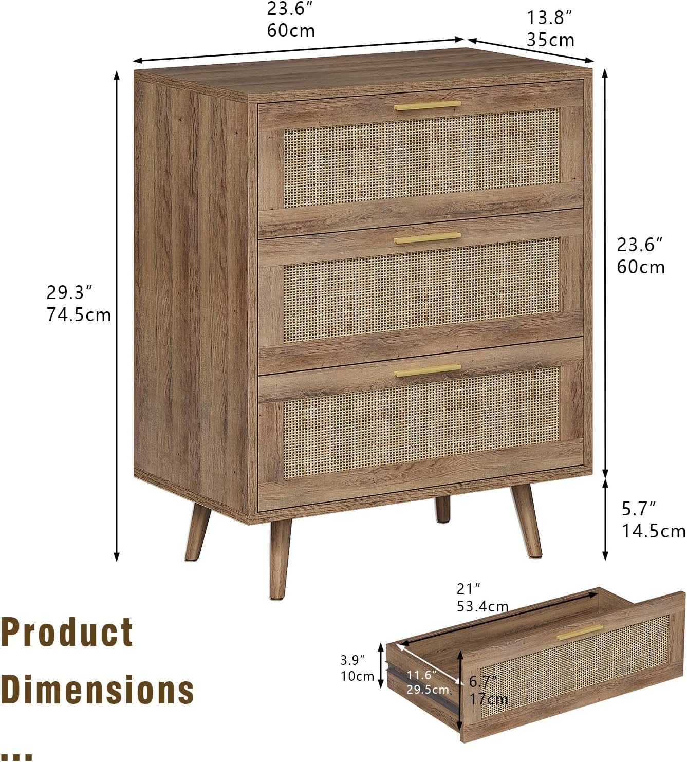 Trironsun 3 Drawer Dresser for Bedroom Rattan Dresser Chest of Drawers with Spacious Storage Boho Clothes Storage Nightstand for Living Room