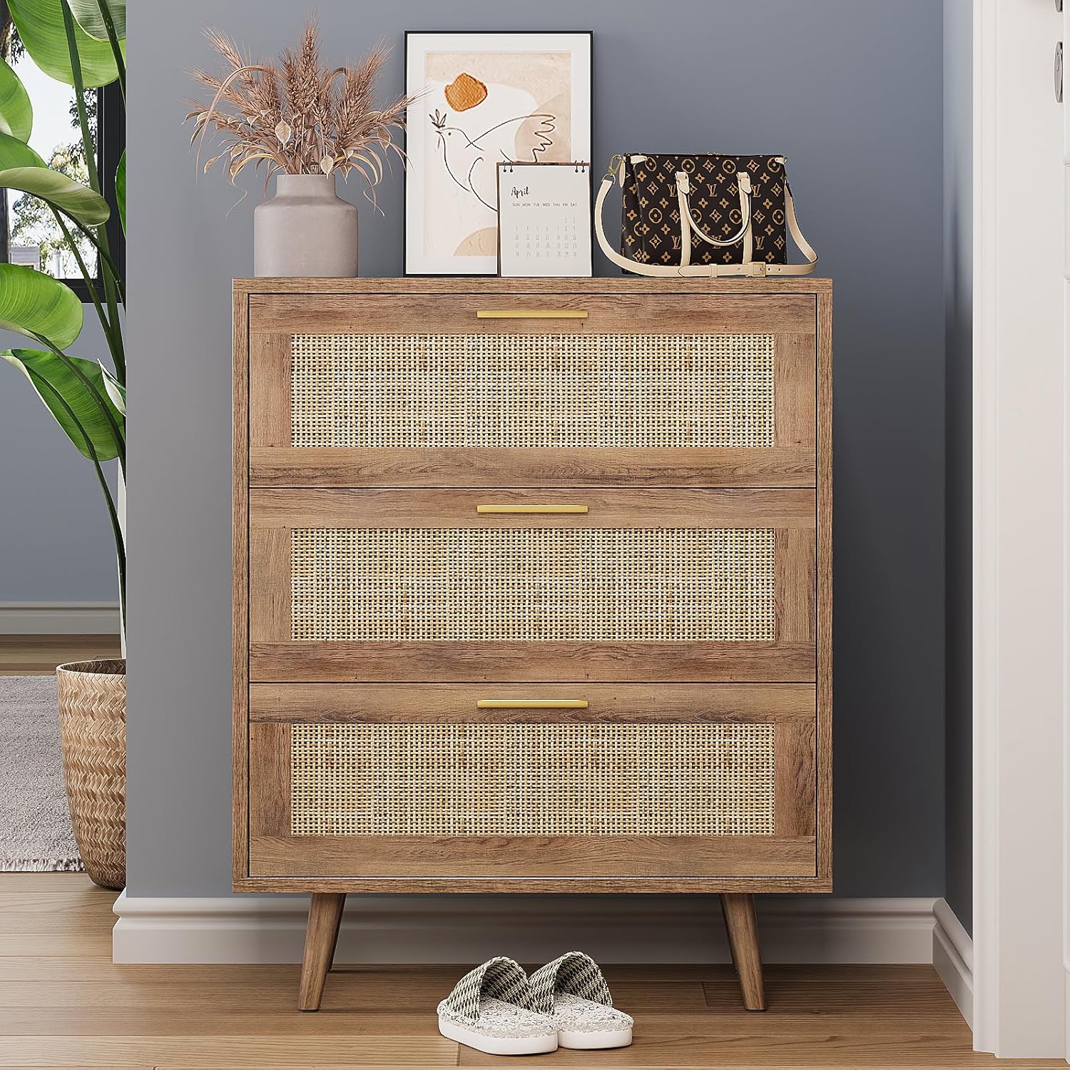 Alternative view of Trironsun 3 Drawer Dresser for Bedroom Rattan Dresser Chest of Drawers with Spacious Storage Boho Clothes Storage Nightstand for Living Room