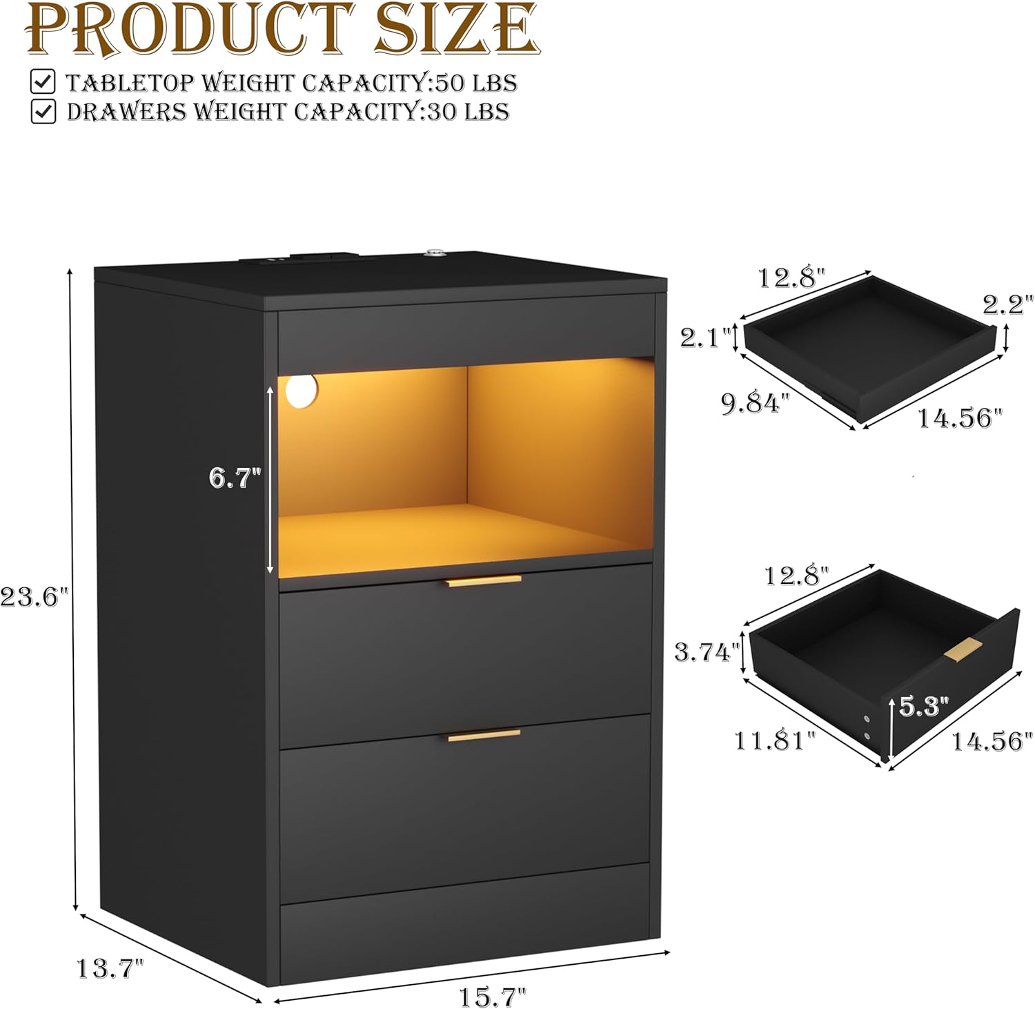 Yusong Night Stand with Gun Drawer & Invisible Lock, Bedside Table, LED Nightstand with Charging Station, Modern Night Stand, Wood Sofa Couch End Side Table with 2 Pull-Out Shelf, Black