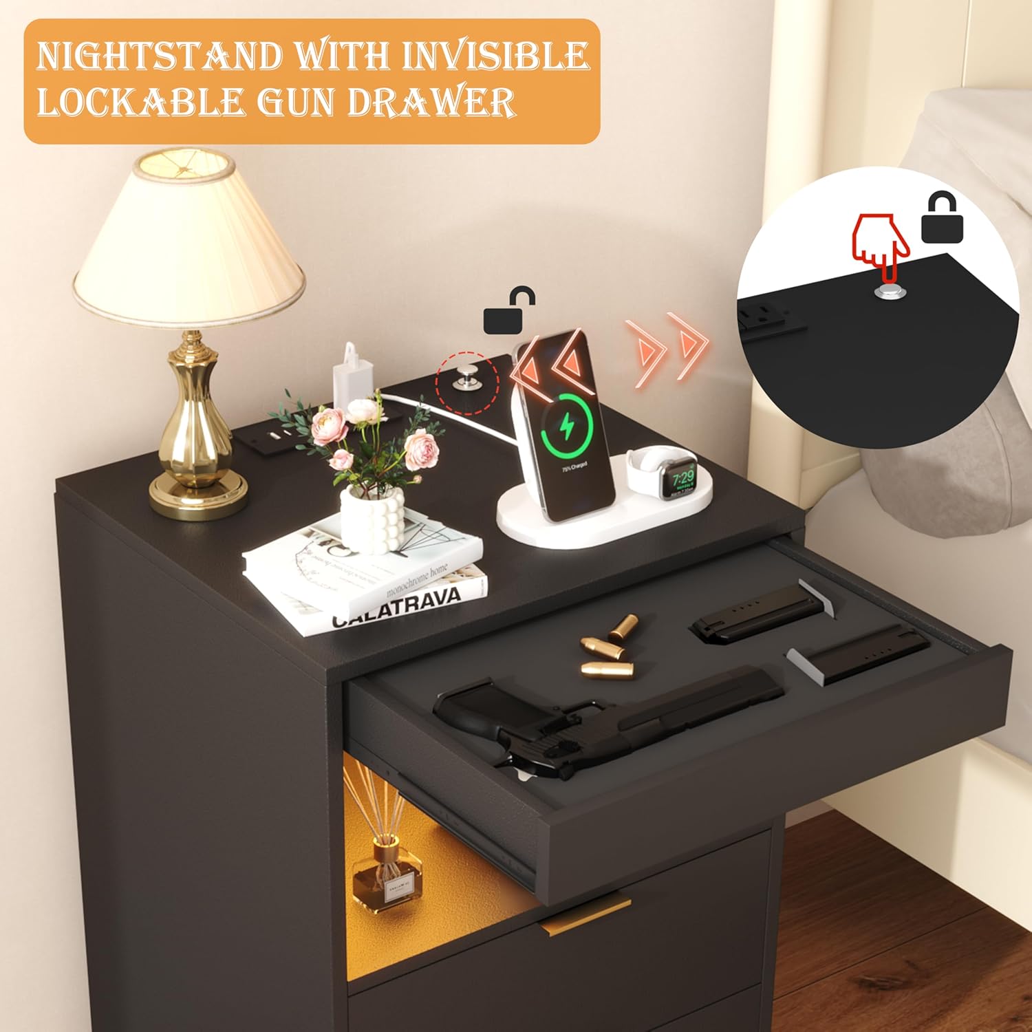 Alternative view of Yusong Night Stand with Gun Drawer & Invisible Lock, Bedside Table, LED Nightstand with Charging Station, Modern Night Stand, Wood Sofa Couch End Side Table with 2 Pull-Out Shelf, Black