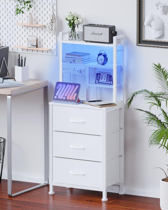 Furnulem Tall Nightstand with LED Lights and 3 Tier Shelves, Night Stand with 3 Fabric Drawers, 45.3inch Tall Bedside Tables with USB Ports and Outlets in Bedroom, Dorm, Office (White)