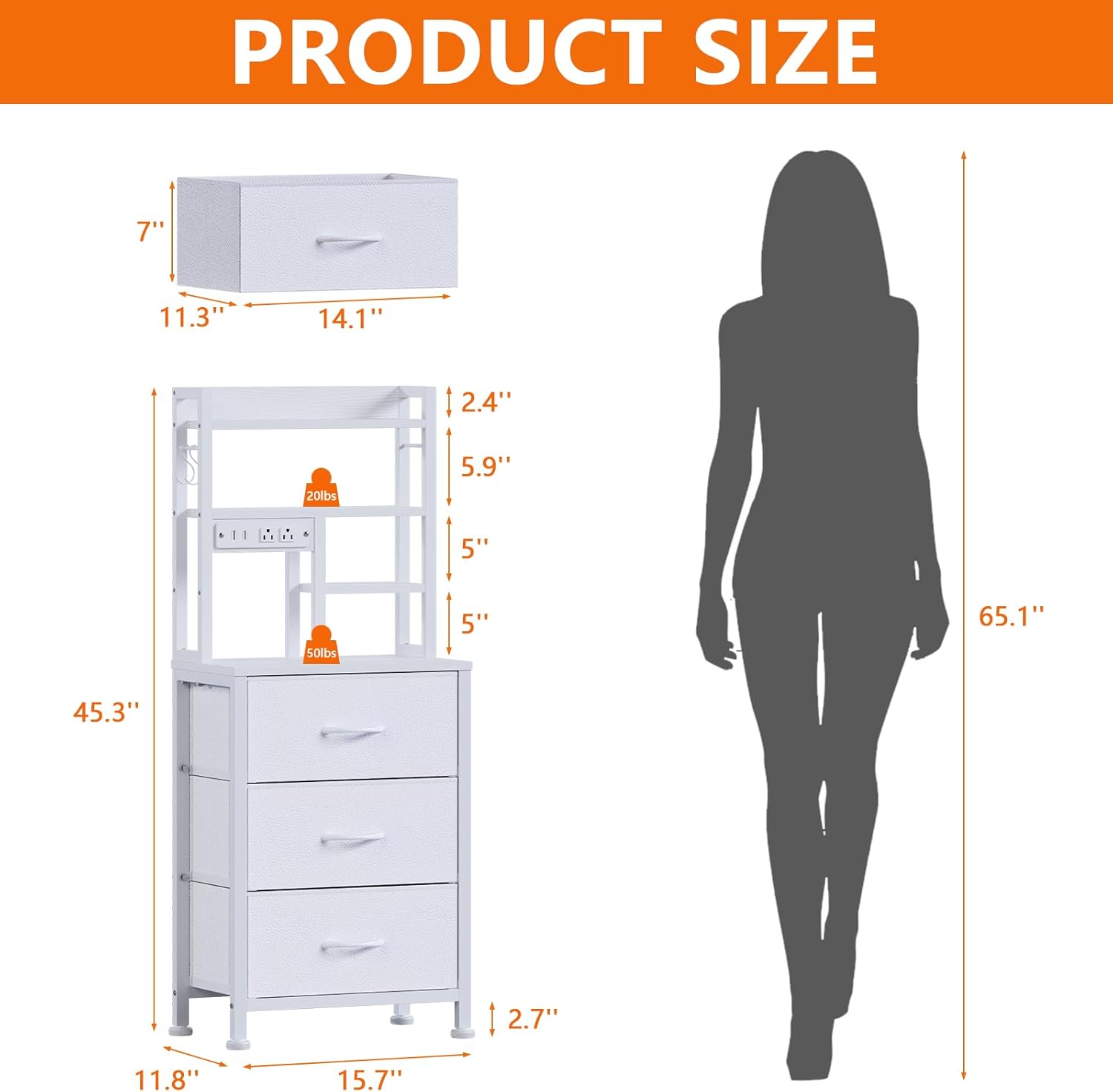 Alternative view of Furnulem Tall Nightstand with LED Lights and 3 Tier Shelves, Night Stand with 3 Fabric Drawers, 45.3inch Tall Bedside Tables with USB Ports and Outlets in Bedroom, Dorm, Office (White)