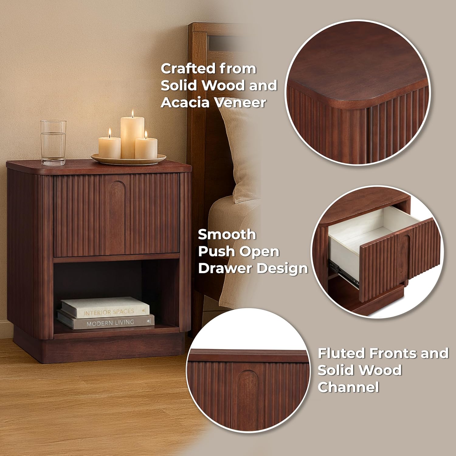 Alternative view of Teamson Home Potomac 20'' W Open Shelf 1-Drawer Nightstand Extra Storage Solid Wood Frame Bedside Table in Scandinavian Style, Minimalist Bedroom Furniture with Durable Wood in Walnut