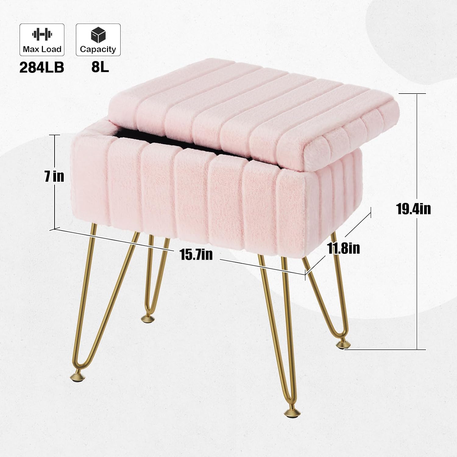 Alternative view of Greenstell Vanity Stool Chair Faux Fur with Storage, 15.7"L x 11.8"W x 19.4"H Soft Ottoman 4 Metal Legs with Anti-Slip Feet, Furry Padded Seat, Modern Multifunctional Chairs for Makeup, Bedroom Pink