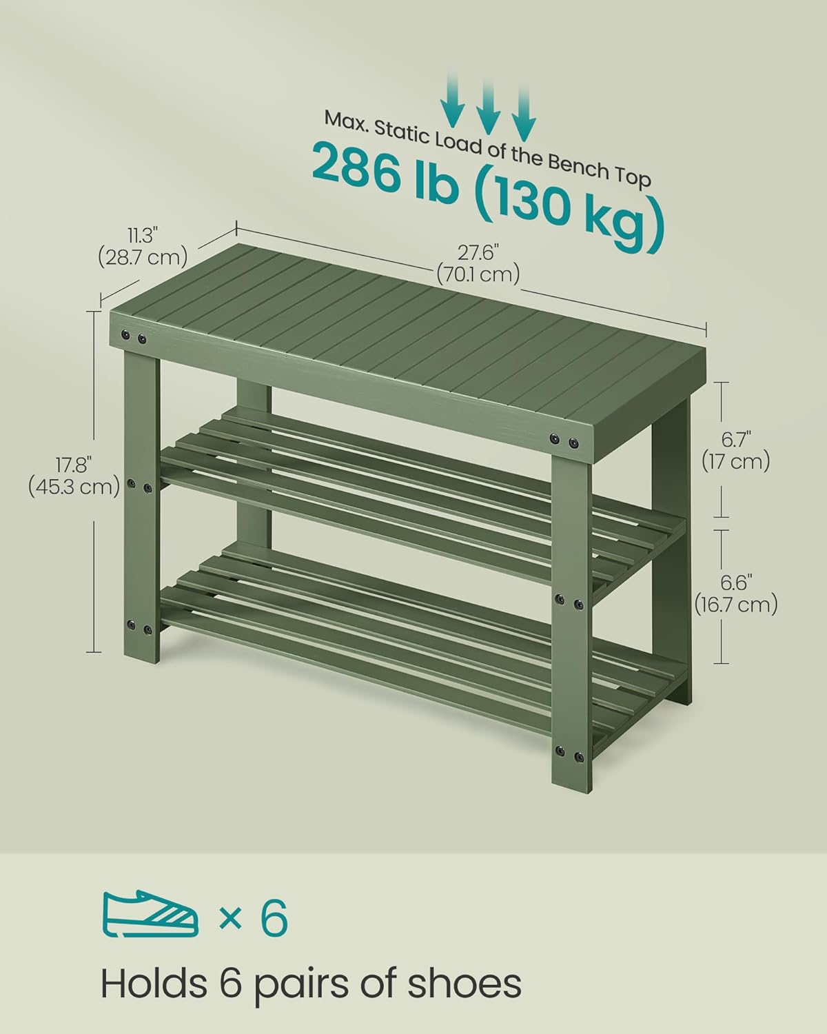 SONGMICS Shoe Rack Bench, 3-Tier Bamboo Shoe Storage Organizer, Entryway Bench, Holds Up to 286 lb, 11.3 x 27.6 x 17.8 Inches, for Entryway Bathroom Bedroom, Forest Green ULBS004C01