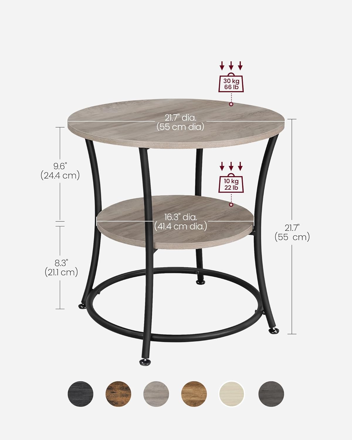 Alternative view of VASAGLE 21.7-Inch Round Side Table, 2-Tier End Table, Nightstand with Steel Frame, Spacious Top, for Small Spaces, Living Room, Bedroom, Heather Greige and Ink Black ULET56BG | 2 Storage Shelves, Living Room, Bedroom, Nightstand, Small Spaces, Accent Coffee Table