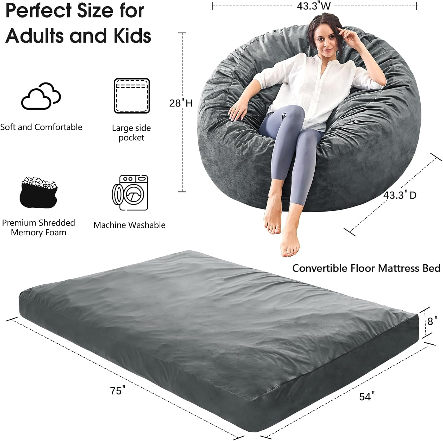 Alternative view of Bean Bag Chairs for Adults - Giant Bean Bag Chair Convertible Bean Bag Bed - Beanbag Chair with Micro Fiber Cover/Furniture Foam Filler - Floor Couch Sofa in Bedroom Dorm Room - Full Charcoal