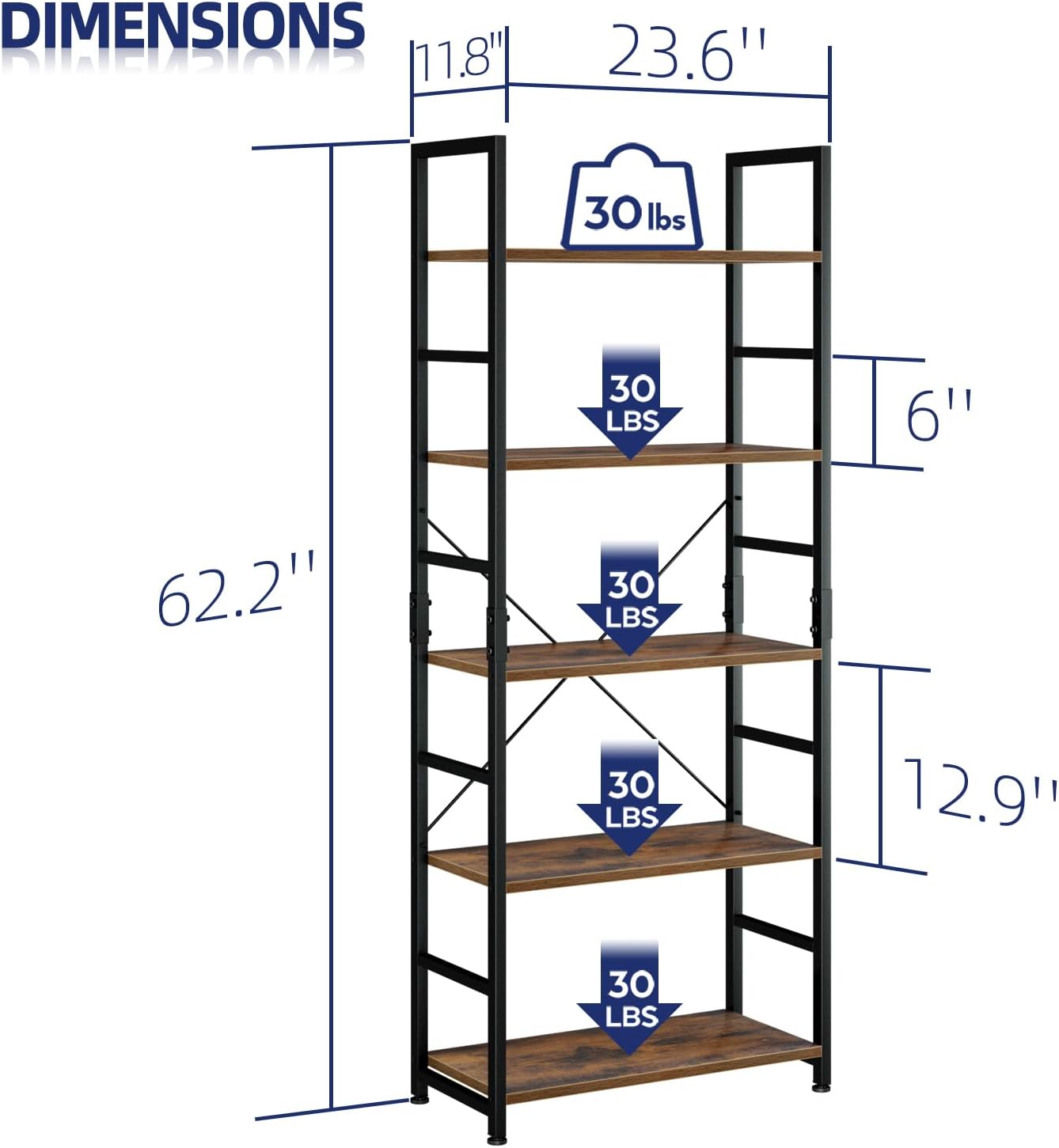 Alternative view of NUMENN 5 Tier Bookshelf, Tall Bookcase Shelf Storage Organizer, Modern Book Shelf for Bedroom, Living Room and Home Office, Vintage