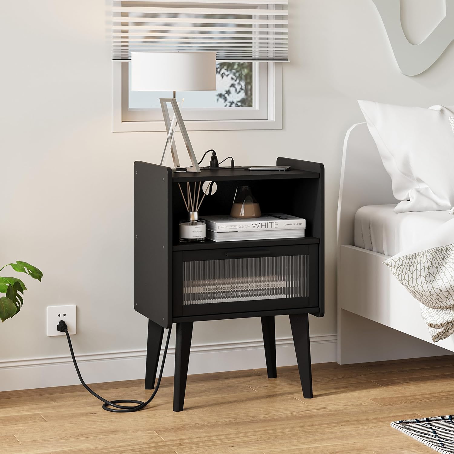 MMEOLUOOK Nightstand with Charging Station, Bedside Tables, End Table Side Table with 2 Tiers Storage Space, for Bedroom, Living Room, Black CAMLBZ07BE