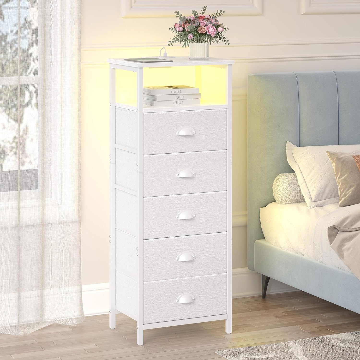 sthmec Nightstand with Charging Station,LED White Nightstands with 5 Fabric Drawers PU Finish, Bedside End Tables, 2-Tier Open Storage Shelf Side Table Nightstand with Drawers for Bedroom,White