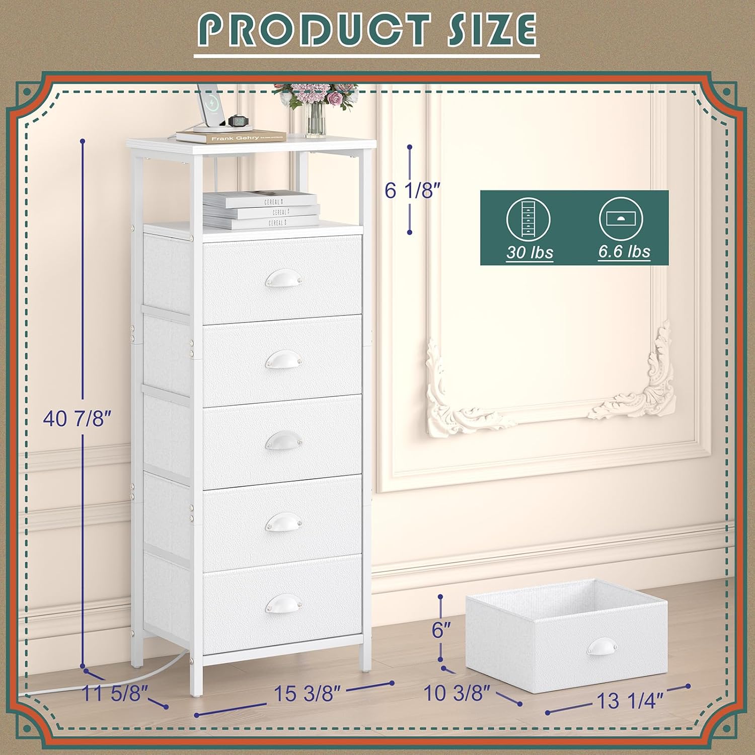 Alternative view of sthmec Nightstand with Charging Station,LED White Nightstands with 5 Fabric Drawers PU Finish, Bedside End Tables, 2-Tier Open Storage Shelf Side Table Nightstand with Drawers for Bedroom,White