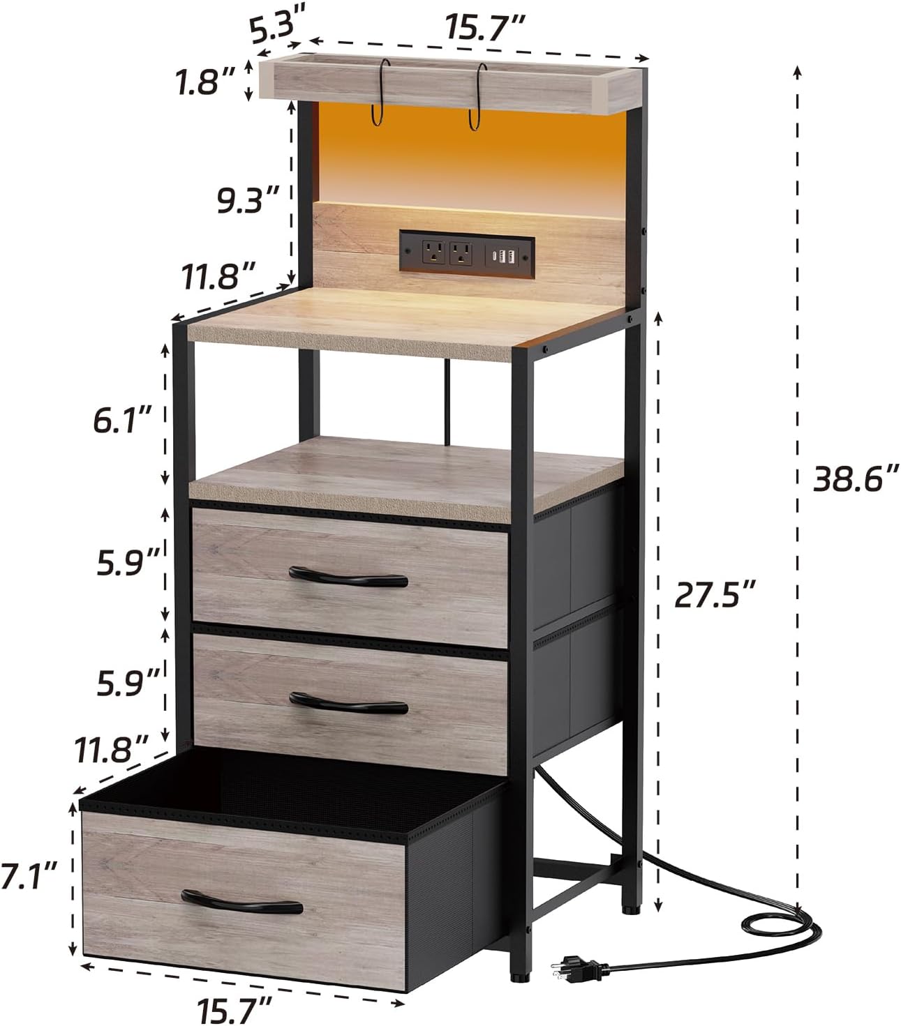 Alternative view of SZLHANJZ Night Stand with Charger Station, 3 Drawers Nightstand with Storage and LED Lights, Shelves, and Hooks, Bed Side End Table for Bedroom Dorm, Greige