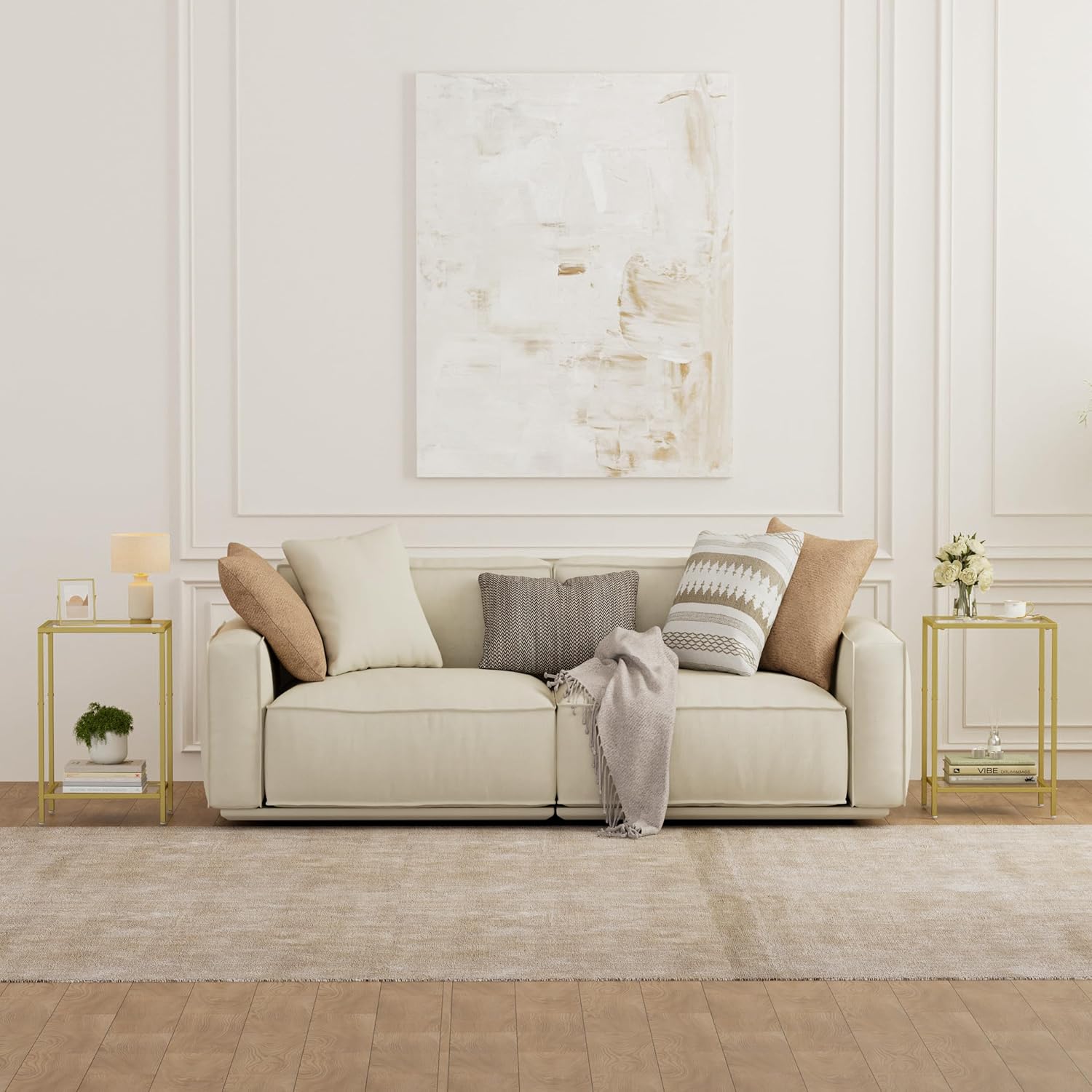 HOMSHO Side Tables Set of 2, End Tables with Tempered Glass, 2-Tier Nightstands with Storage Shelves, Coffee Table with Modern Style, Slim Sofa Table for Living Room, Bedroom, 11.8" D x 15" W, Golden