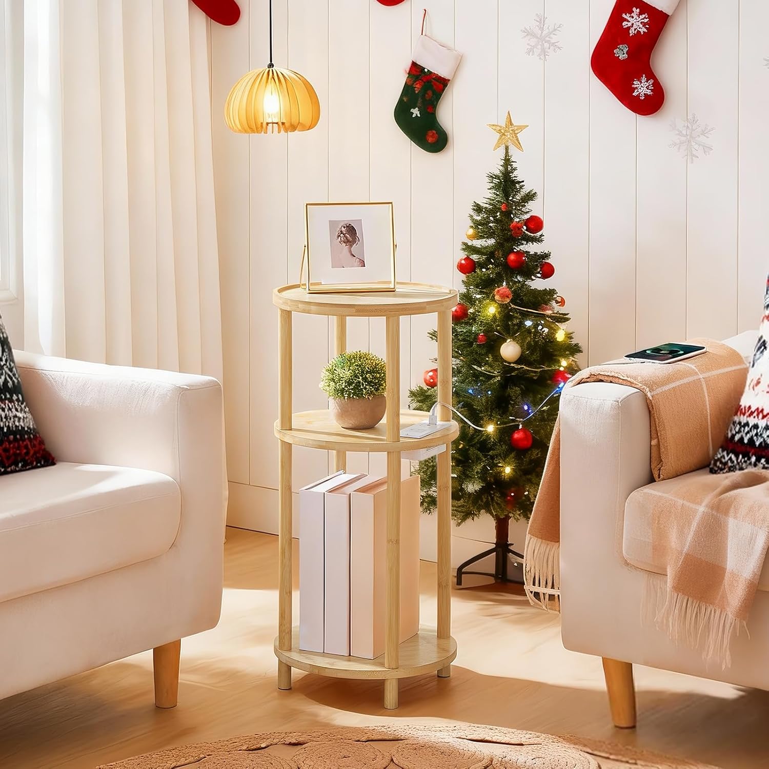 HOOBRO Small Round Side Table with Charging Station, 3-Tier Round Bamboo End Table, Compact Sofa Bedside Table for Small Space, Easy Assembly, for Living Room, Bedroom, Apartment, Natural YL152UBZ01