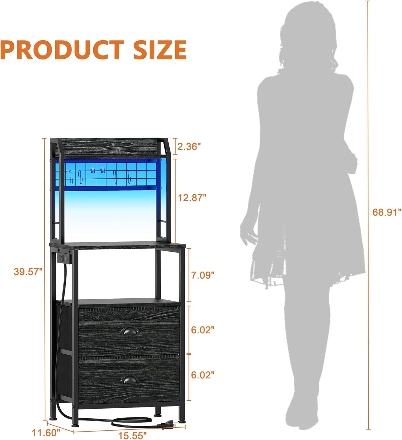 Furologee 40'' Tall Nightstand with Charging Station, Bedside Table with LED Lights, End Table with 2 Drawers and Storage Shelves, Night Stand with Pegboard for Bedroom, Black Oak