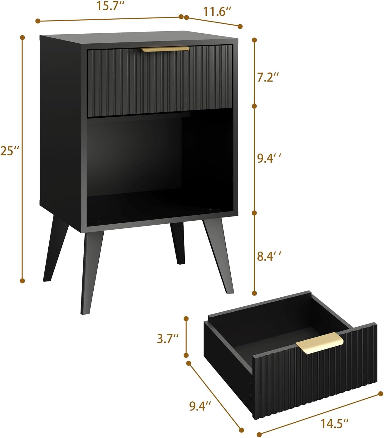 YAUKOMEL Fluted Night Stand with Opening Storage,Mid Century Bedside Table with Drawer,Black Nightstand with Wood Legs,End Table Side Table for Living Room,Bedroom,11.8" Dx15.7 Wx 25.2" H CTG56BK