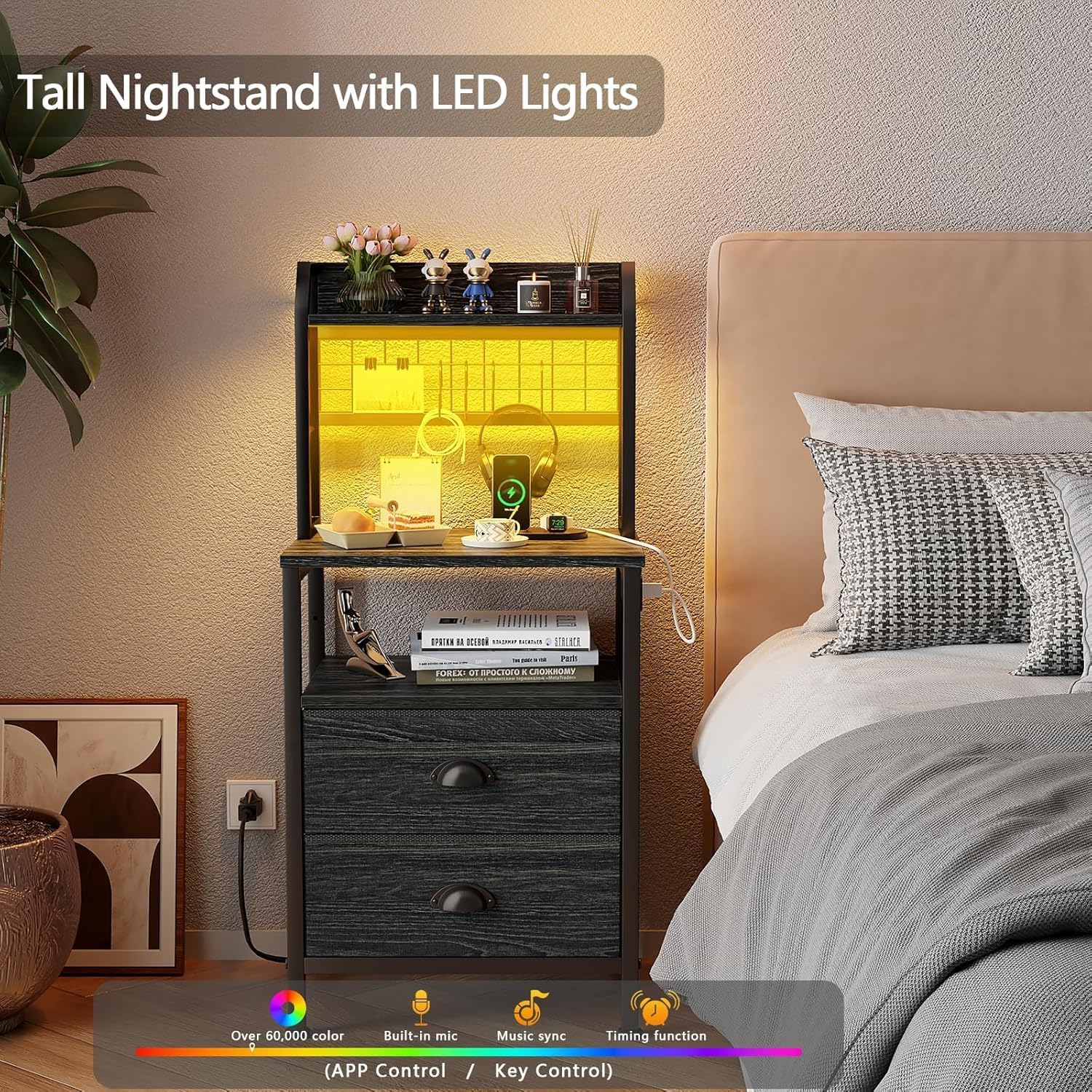 Alternative view of Furologee 40'' Tall Nightstand with Charging Station, Bedside Table with LED Lights, End Table with 2 Drawers and Storage Shelves, Night Stand with Pegboard for Bedroom, Black Oak
